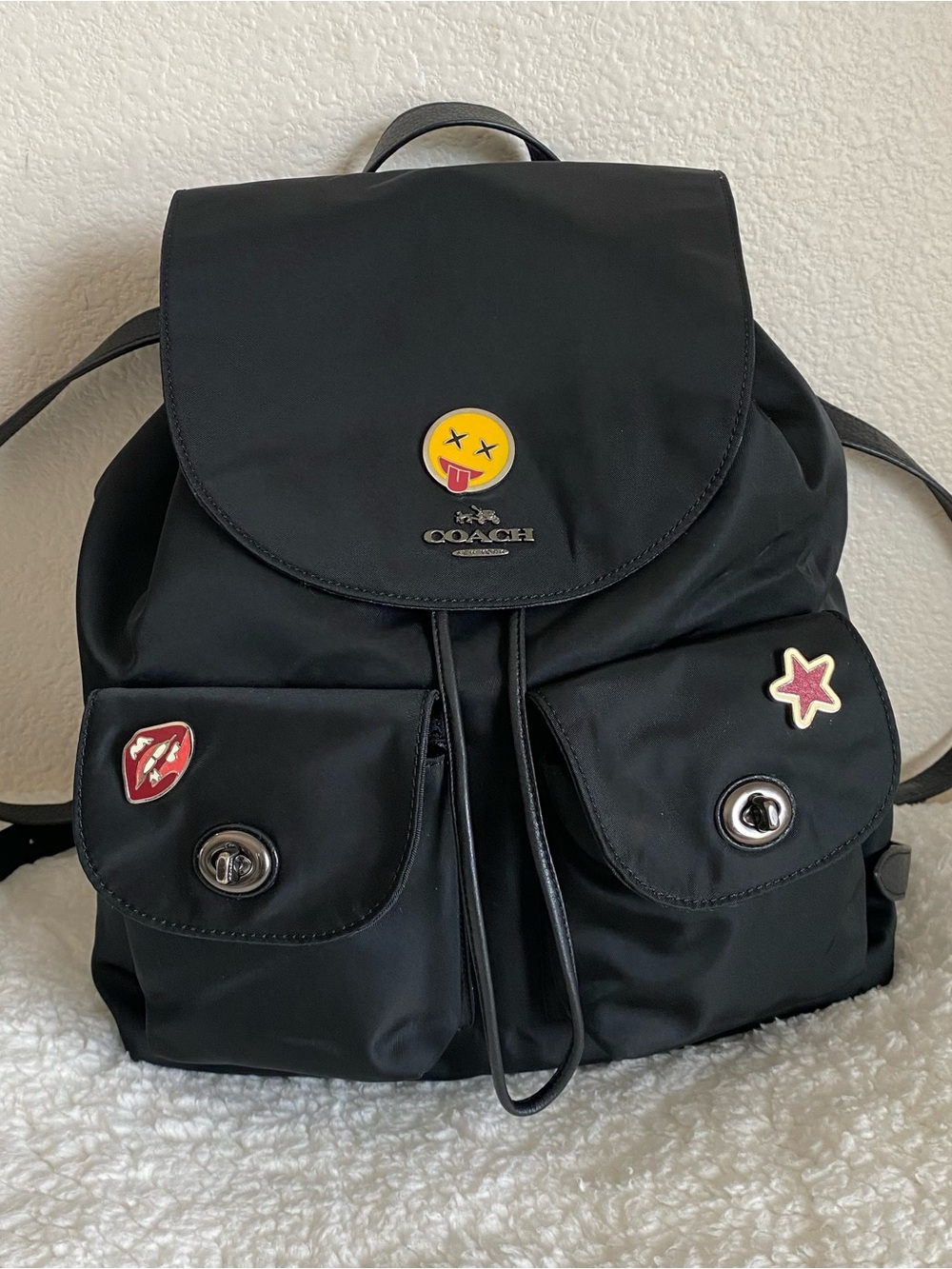 COACH Billie Black Nylon Backpack + Rare Coach Enamel Pin Set
